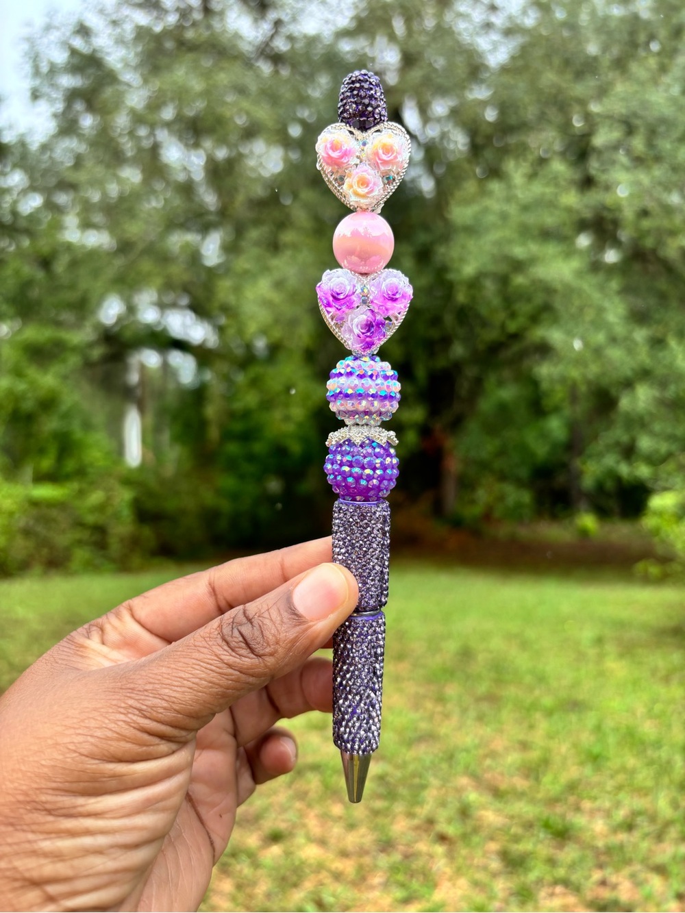 Handmade Purple & Pink Rhinestone Beaded Heart Pen